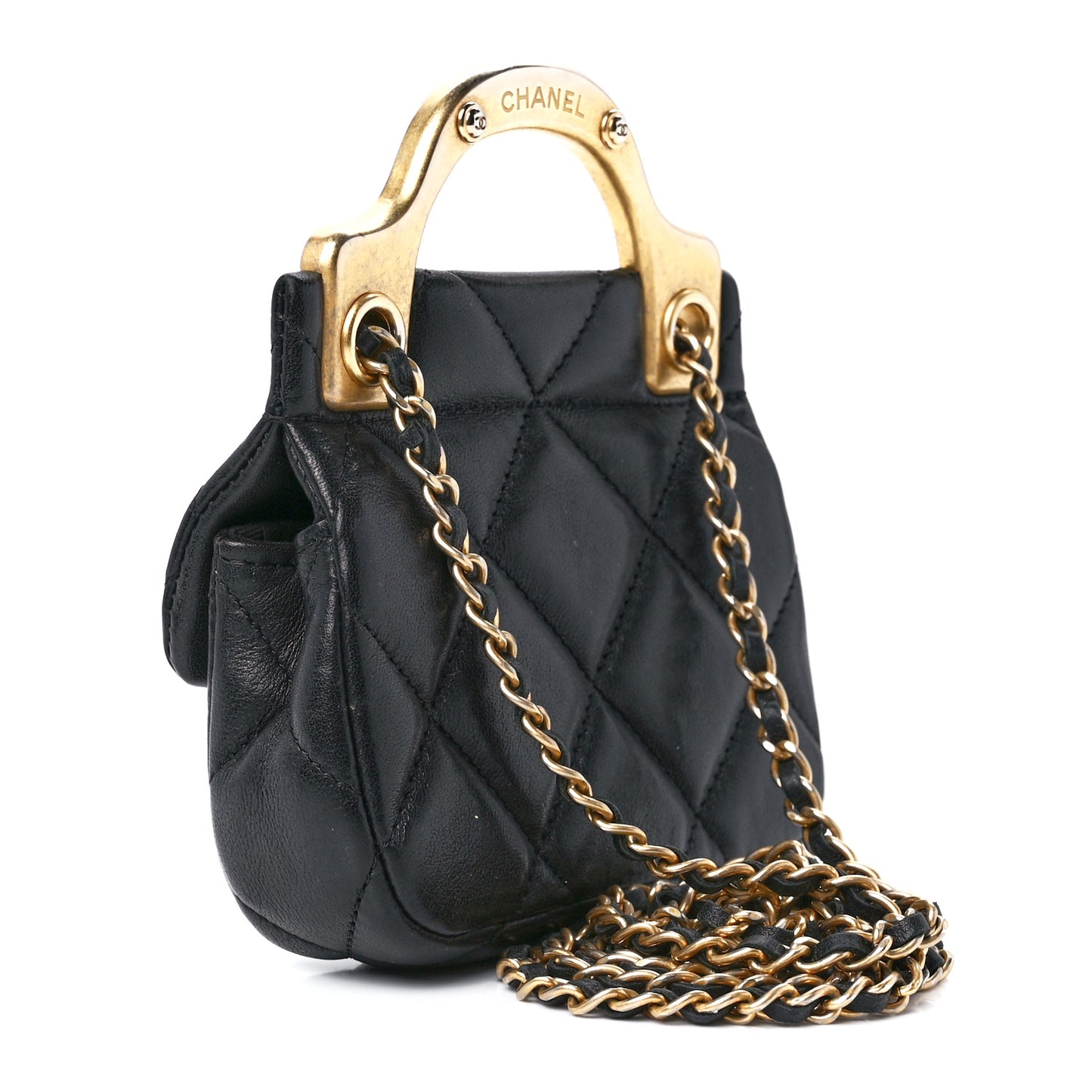 Calfskin Quilted Lady Handle Flap Card Holder With Chain Black