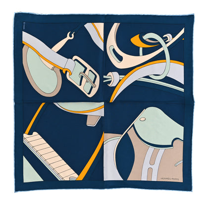 Hermes Silk Selle En Desordre Pocket Square Marine Aqua Jaune 1 of 4