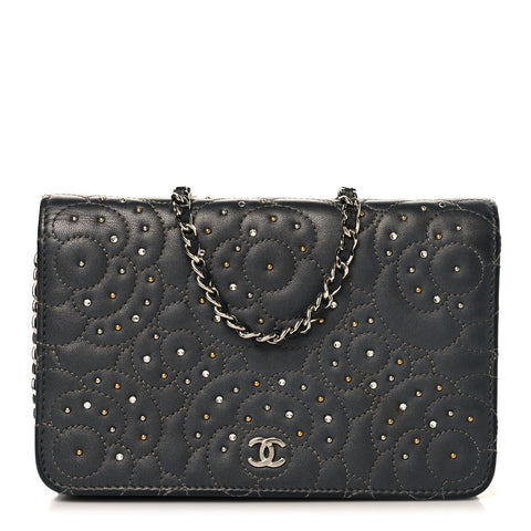 Lambskin Camellia Studded Wallet on Chain WOC Grey
