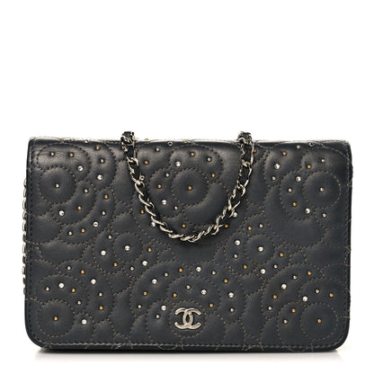 Chanel Lambskin Camellia Studded Wallet on Chain WOC Grey 1 of 16