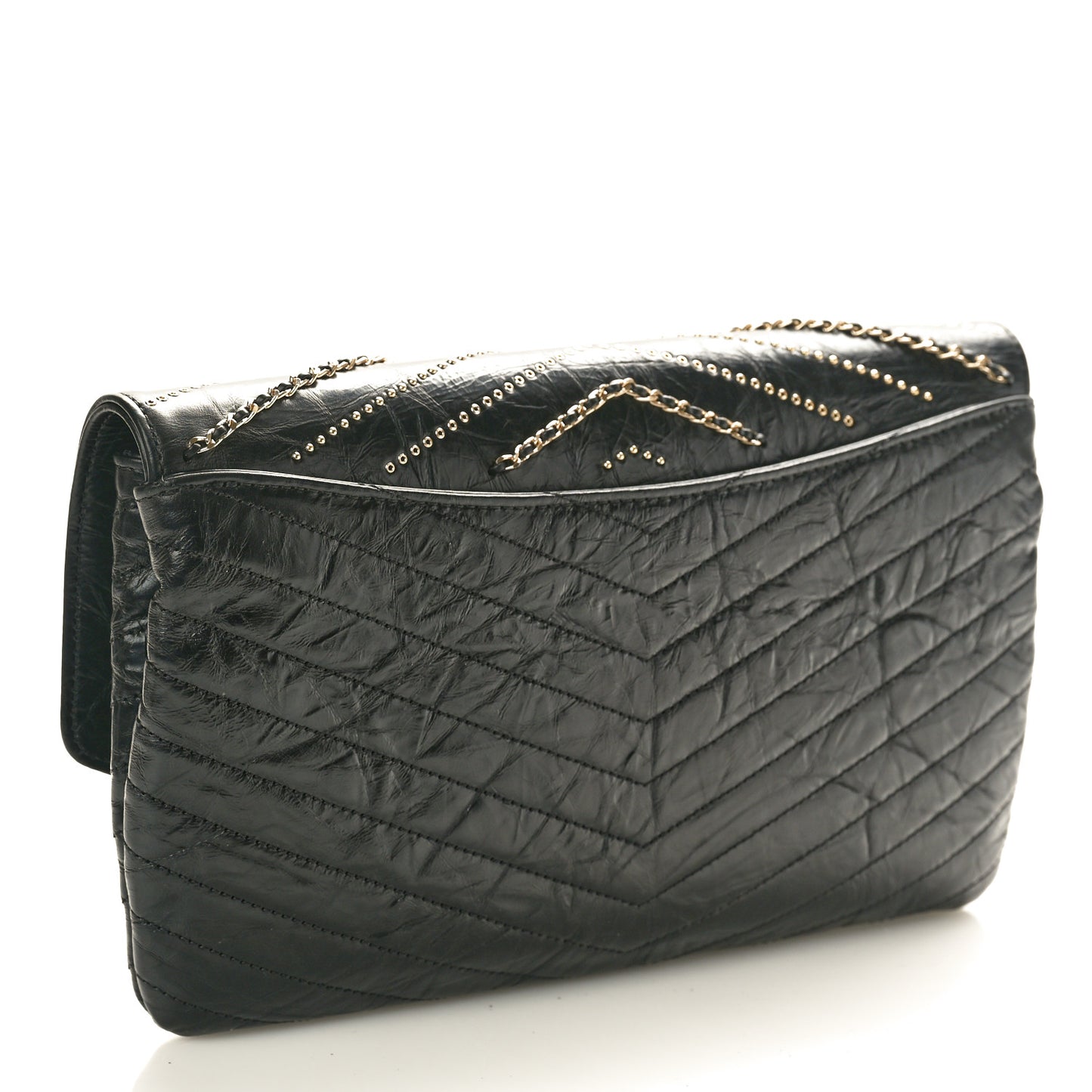 Crumpled Calfskin Chevron Envelope Clutch Black