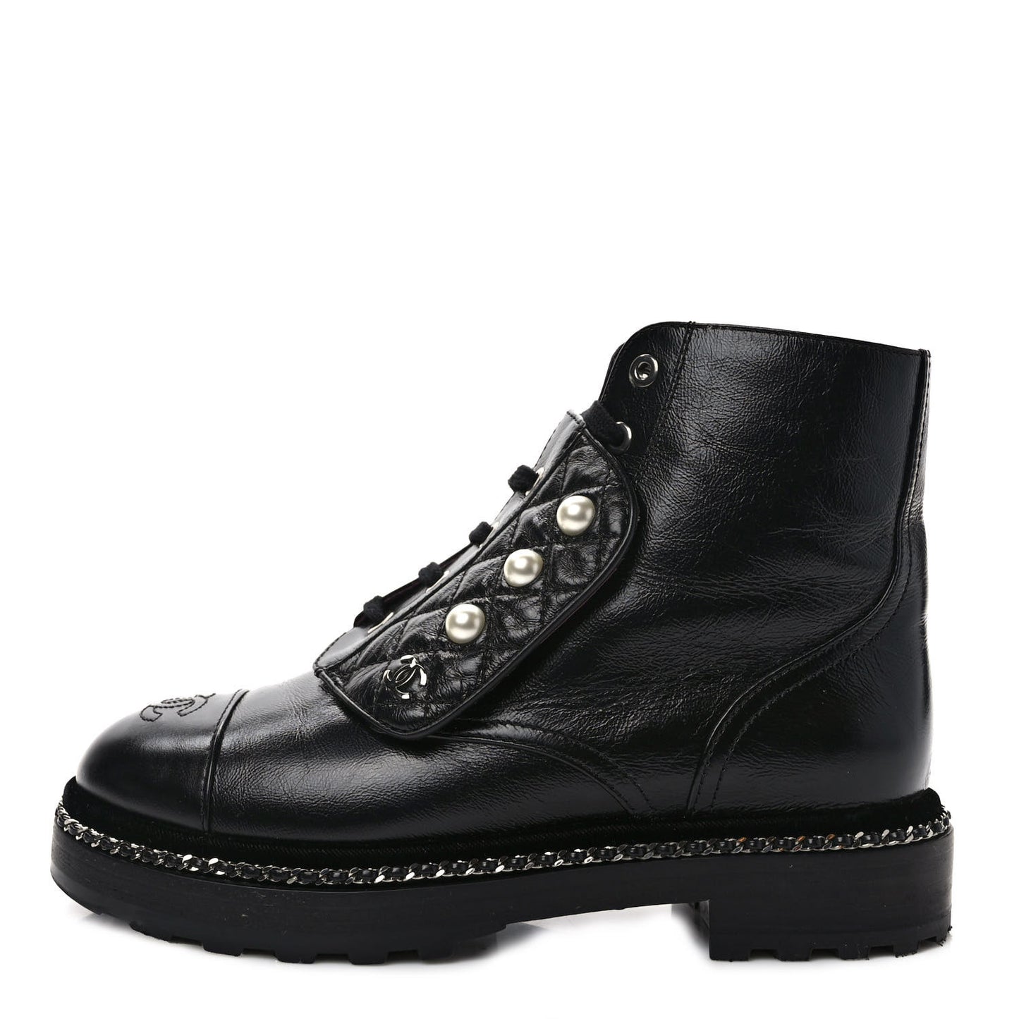 Crackled Calfskin Velvet Pearl Combat Short Boots 36.5 Black