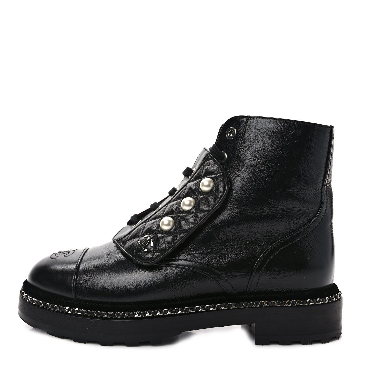 Chanel Crackled Calfskin Velvet Pearl Combat Short Boots 36.5 Black 1 of 8
