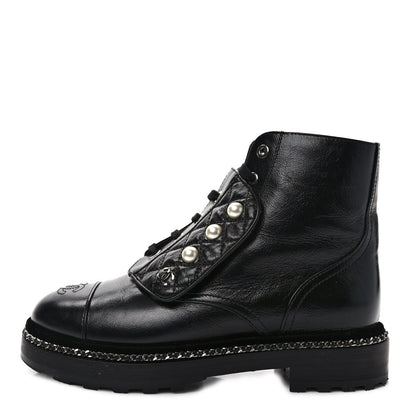 Chanel Crackled Calfskin Velvet Pearl Combat Short Boots 36.5 Black 1 of 8