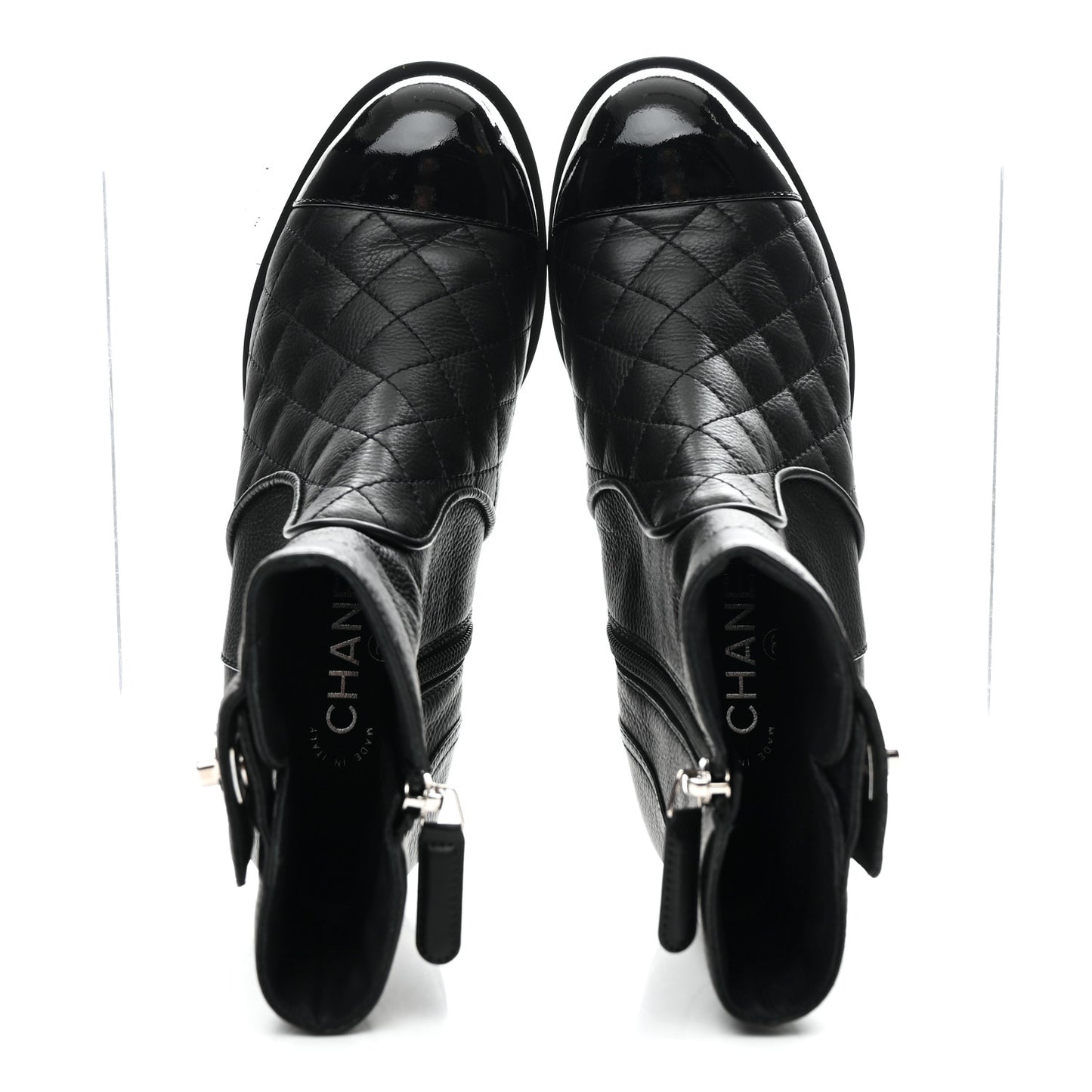 Calfskin Patent Quilted Cap Toe Short Boots 37.5 Black
