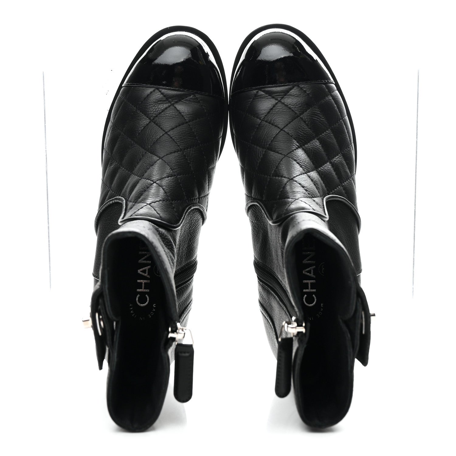 Chanel Calfskin Patent Quilted Cap Toe Short Boots 37.5 Black 3 of 20