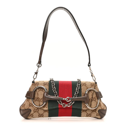 Gucci Monogram Textured Dollar Calfskin Heavy Grosgrain Web Small Maxi Horsebit Chain Shoulder Bag Beige Ebony New Acero 1 of 9