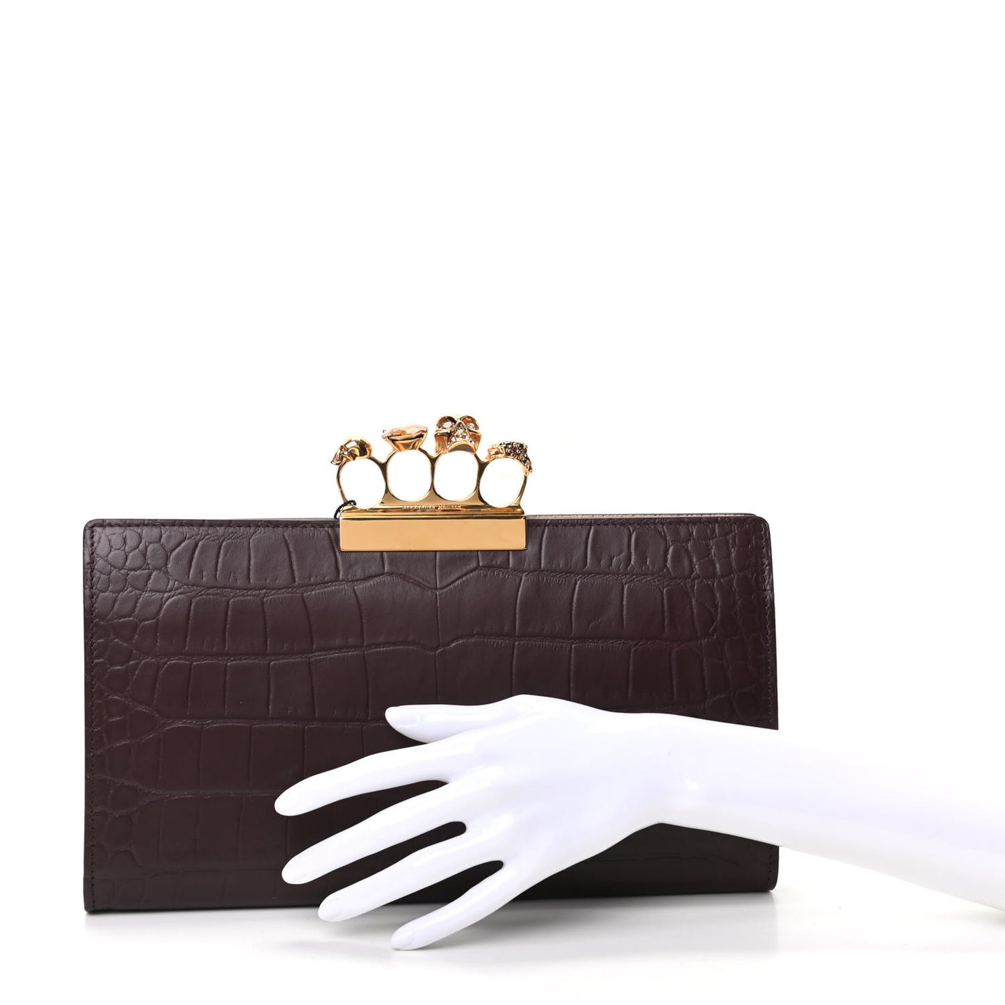 Calfskin Crocodile Embossed Knuckle Flat Clutch Burgundy