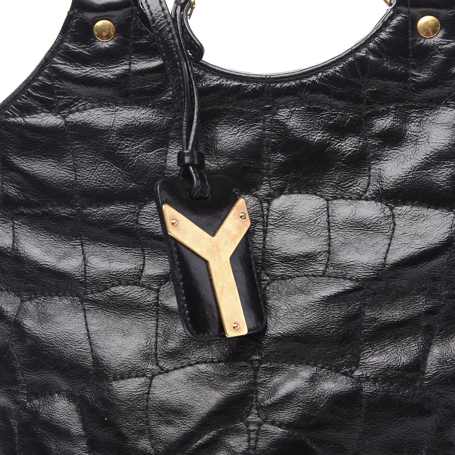 Saint Laurent Glazed Calfskin Crocodile Embossed Tribute Tote Black 9 of 9
