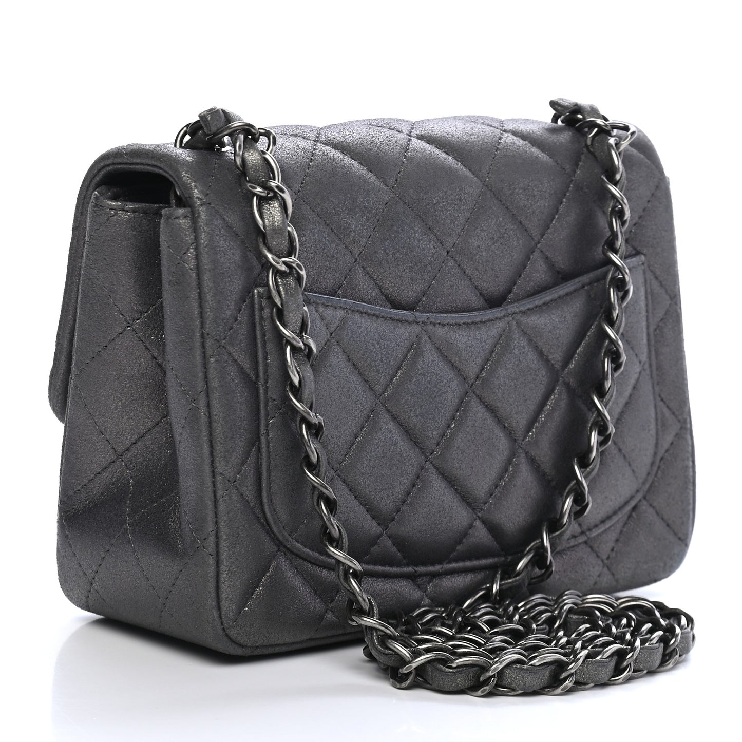 Metallic Goatskin Quilted Mini Square Flap Charcoal Grey