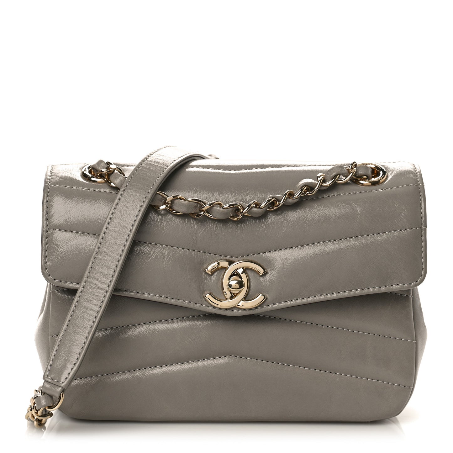 Shiny Lambskin Quilted Small Chevron Miroir Grey