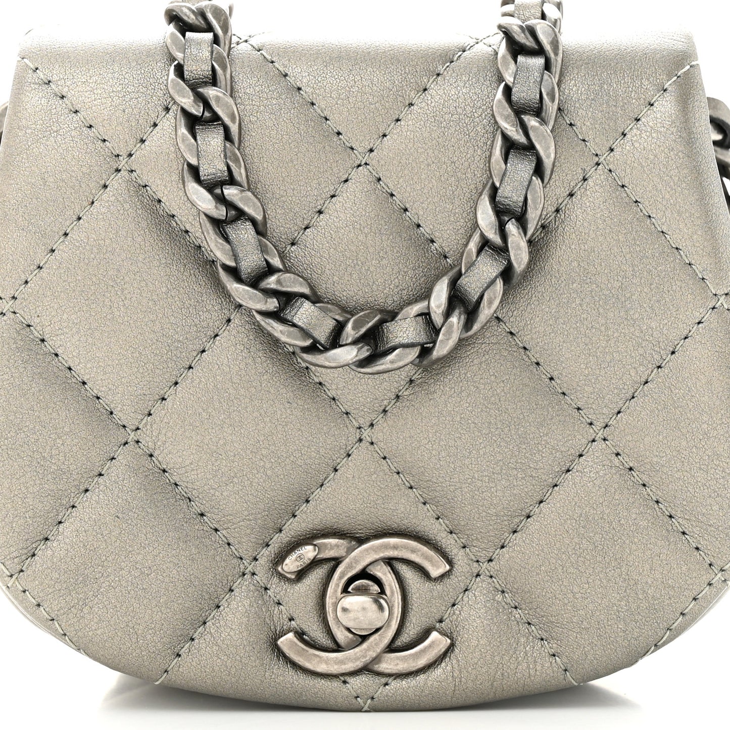 Metallic Calfskin Quilted Mini Coco Mail Clutch Ruthenium