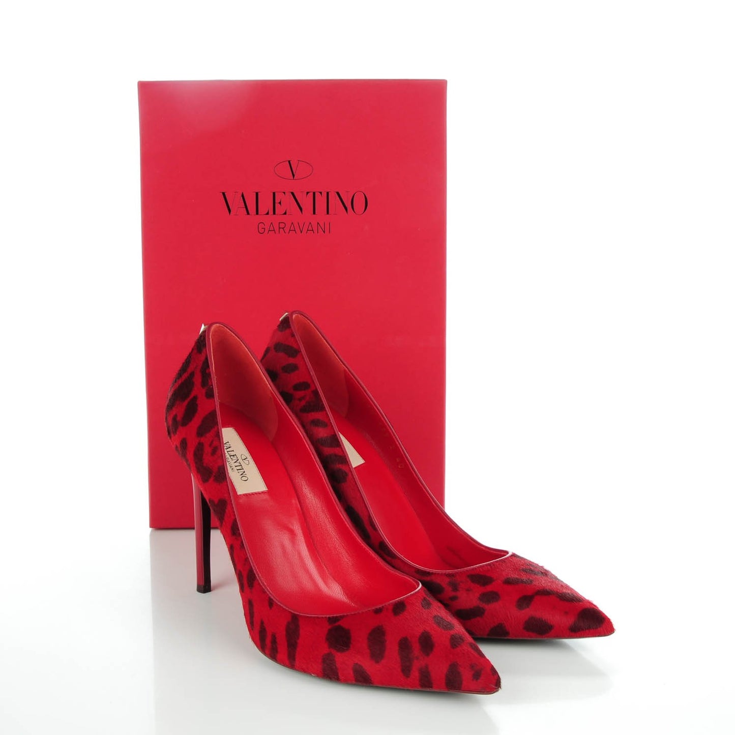 Calf Hair Leopard Print Rockstud New Plain 100mm Pumps 40 Red