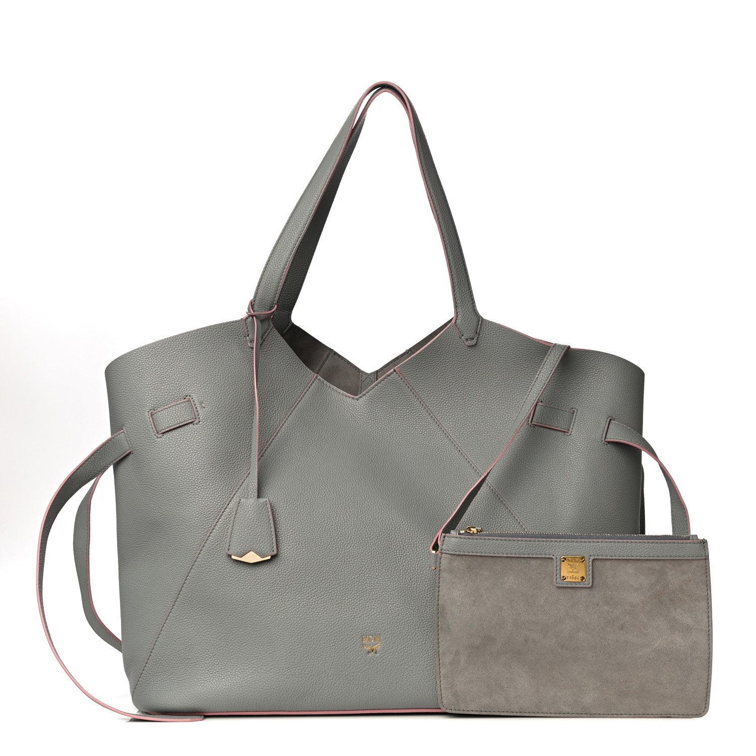 MCM Grained Calfskin Top Handle Tote Grey Pink 3 of 7