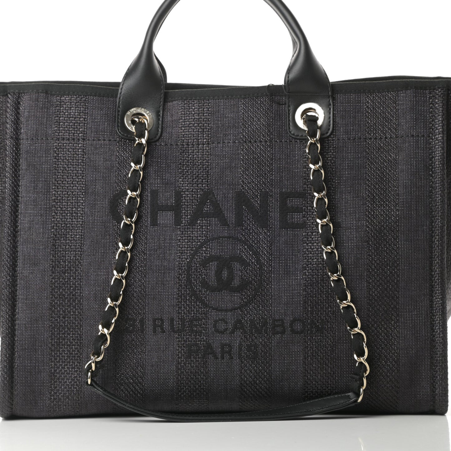 Mixed Fibers Calfskin Striped Medium Deauville Tote Black