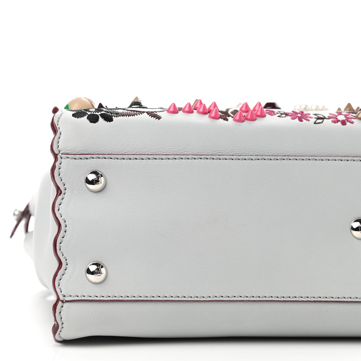 Vitello Seta Shiny Nappa Pearl Scalloped Studded Floral Embroidered Medium Peekaboo Iconic Satchel Grigio Perla Multicolor