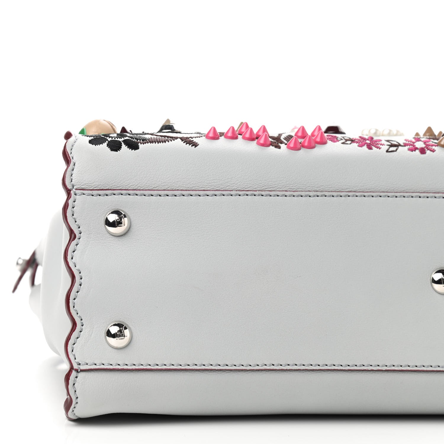 Fendi Vitello Seta Shiny Nappa Pearl Scalloped Studded Floral Embroidered Medium Peekaboo Iconic Satchel Grigio Perla Multicolor 6 of 11