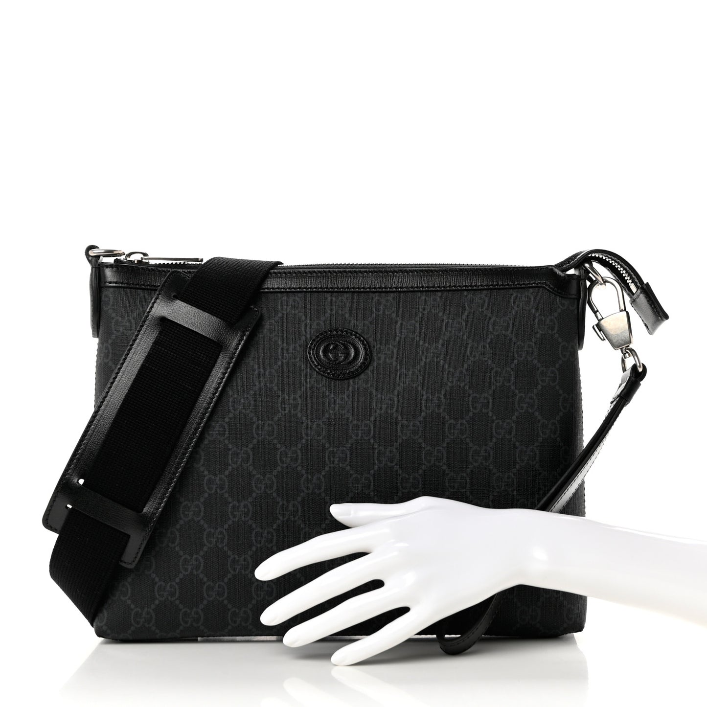 GG Supreme Monogram Azalea Calfskin Retro Interlocking G Wristlet Messenger Bag Black
