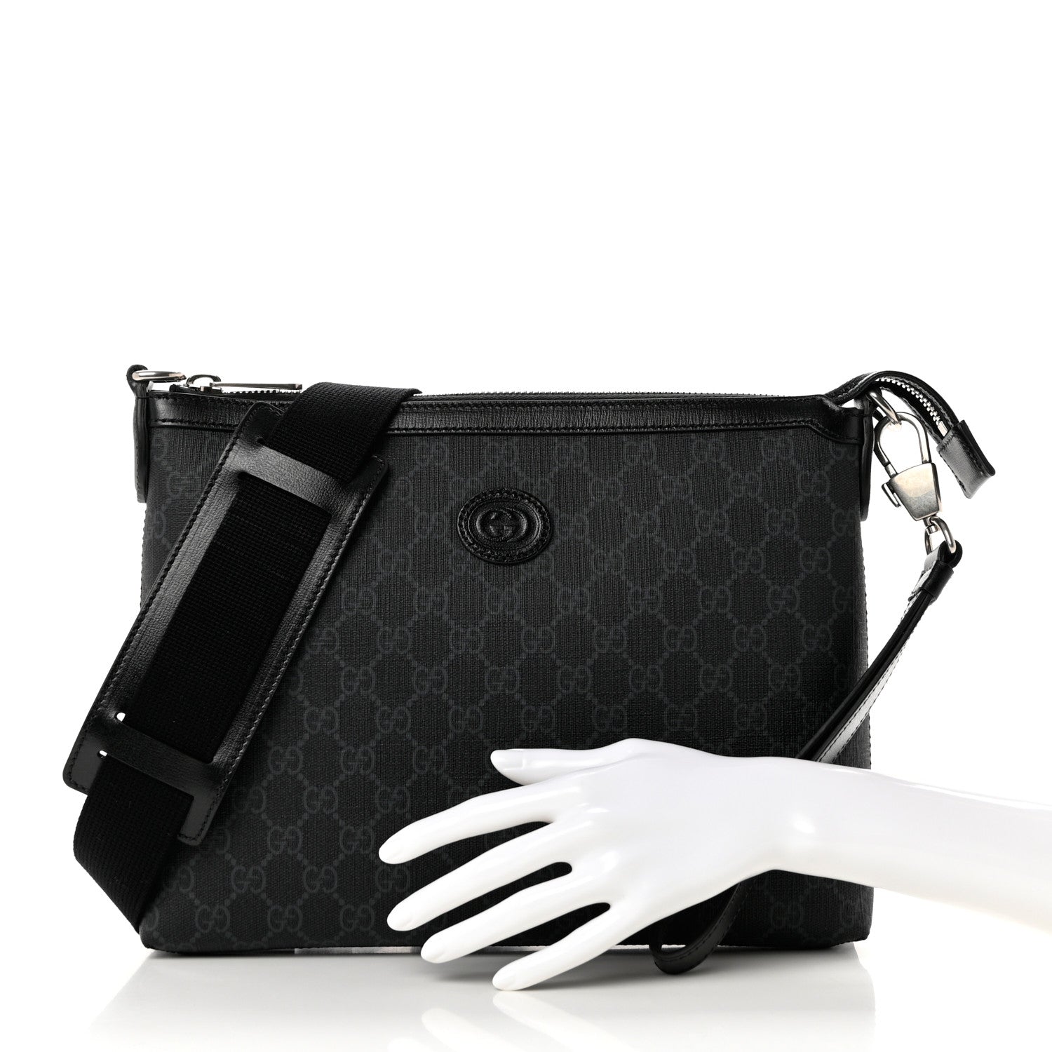 Gucci GG Supreme Monogram Azalea Calfskin Retro Interlocking G Wristlet Messenger Bag Black 2 of 6