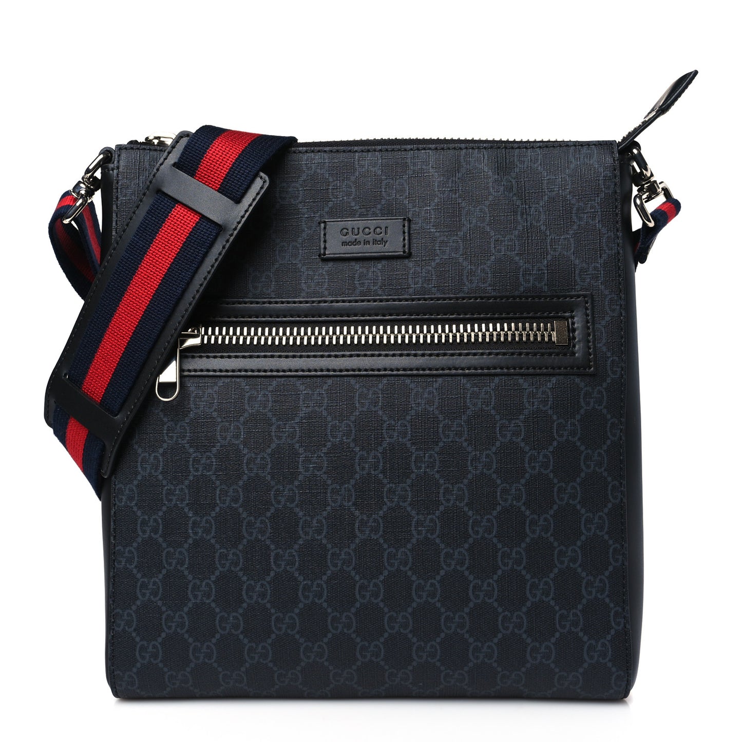 GG Supreme Monogram Appia Calfskin Web Flat Messenger Bag Black Grey