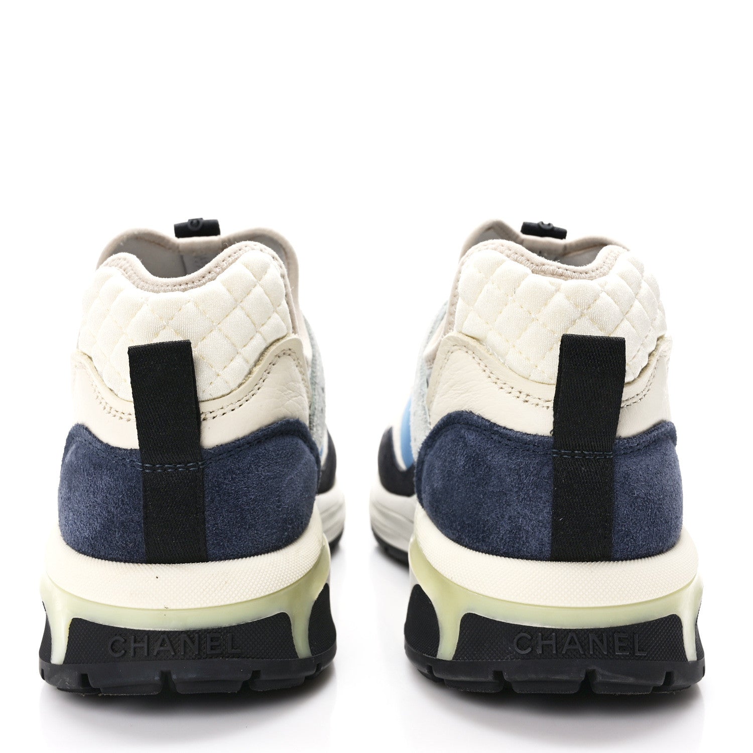 Chanel Fabric Suede Calfskin Mesh Womens CC Sneakers 39.5 Black Blue Ivory 5 of 10
