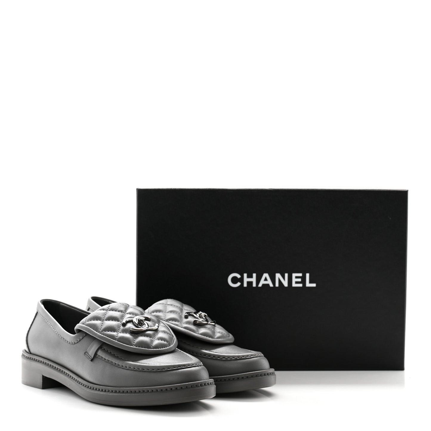 Lambskin Quilted CC Turnlock Loafers 38.5 Dark Grey