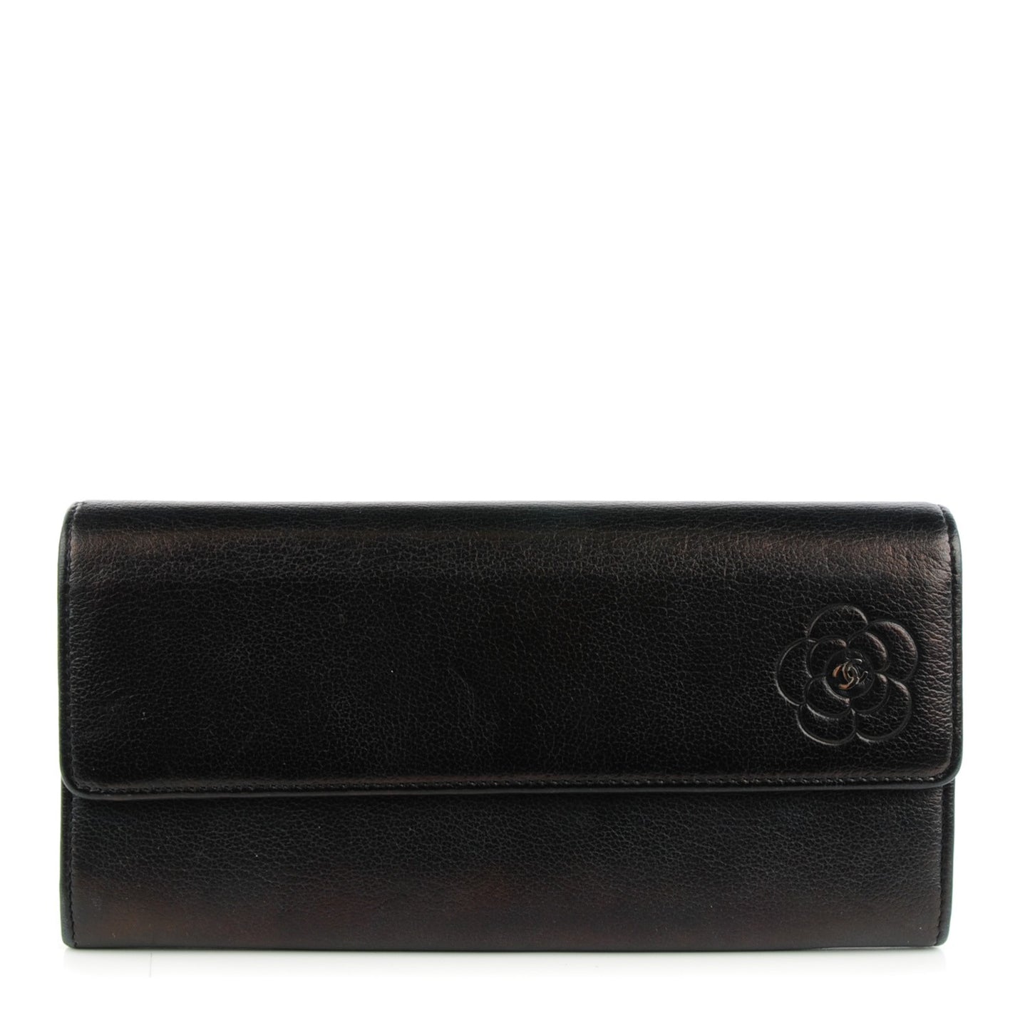 Goatskin Camellia Embossed Flap Wallet Black