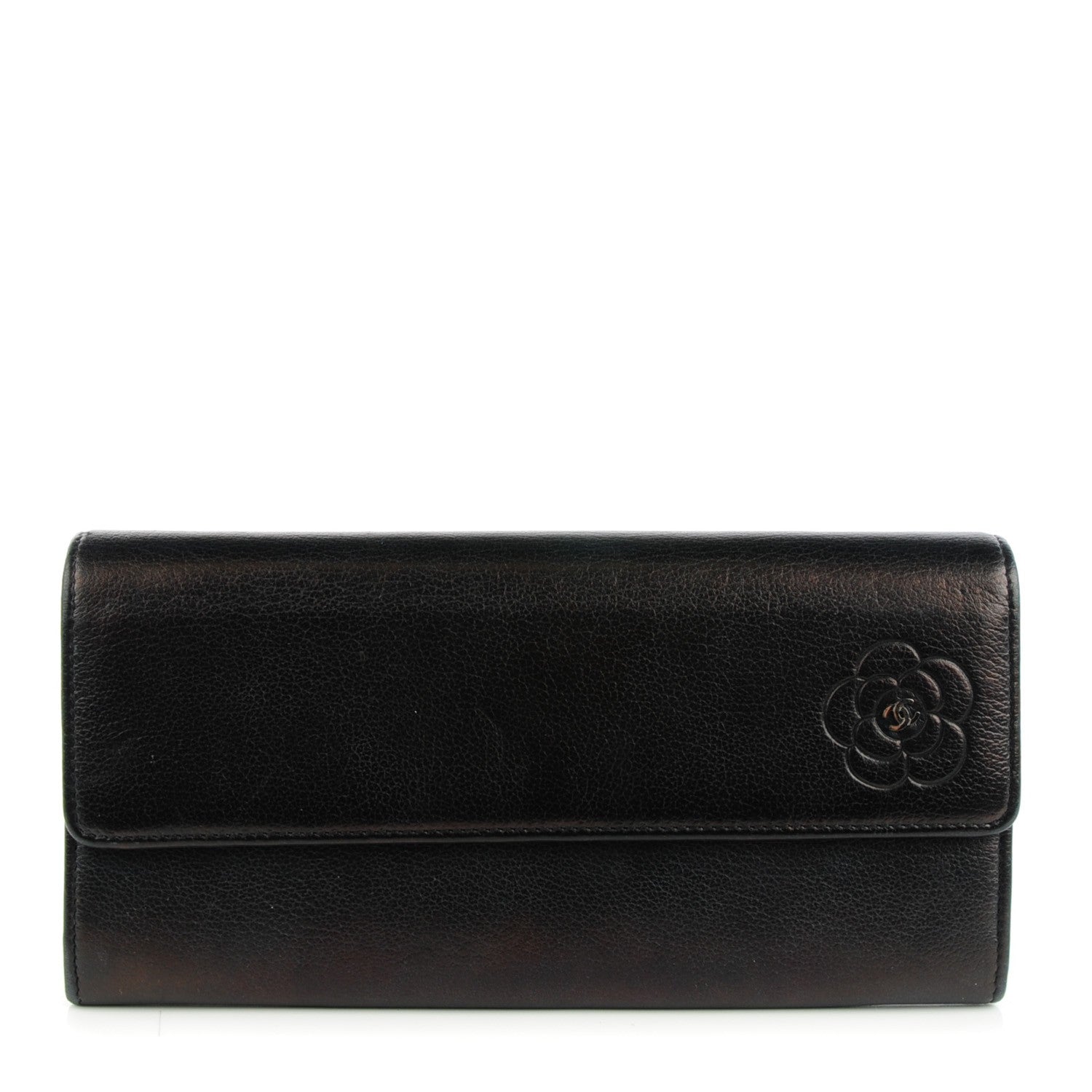 Chanel Goatskin Camellia Embossed Flap Wallet Black 1 of 8