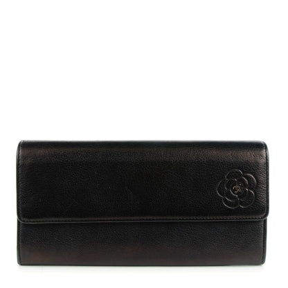 Chanel Goatskin Camellia Embossed Flap Wallet Black 1 of 8