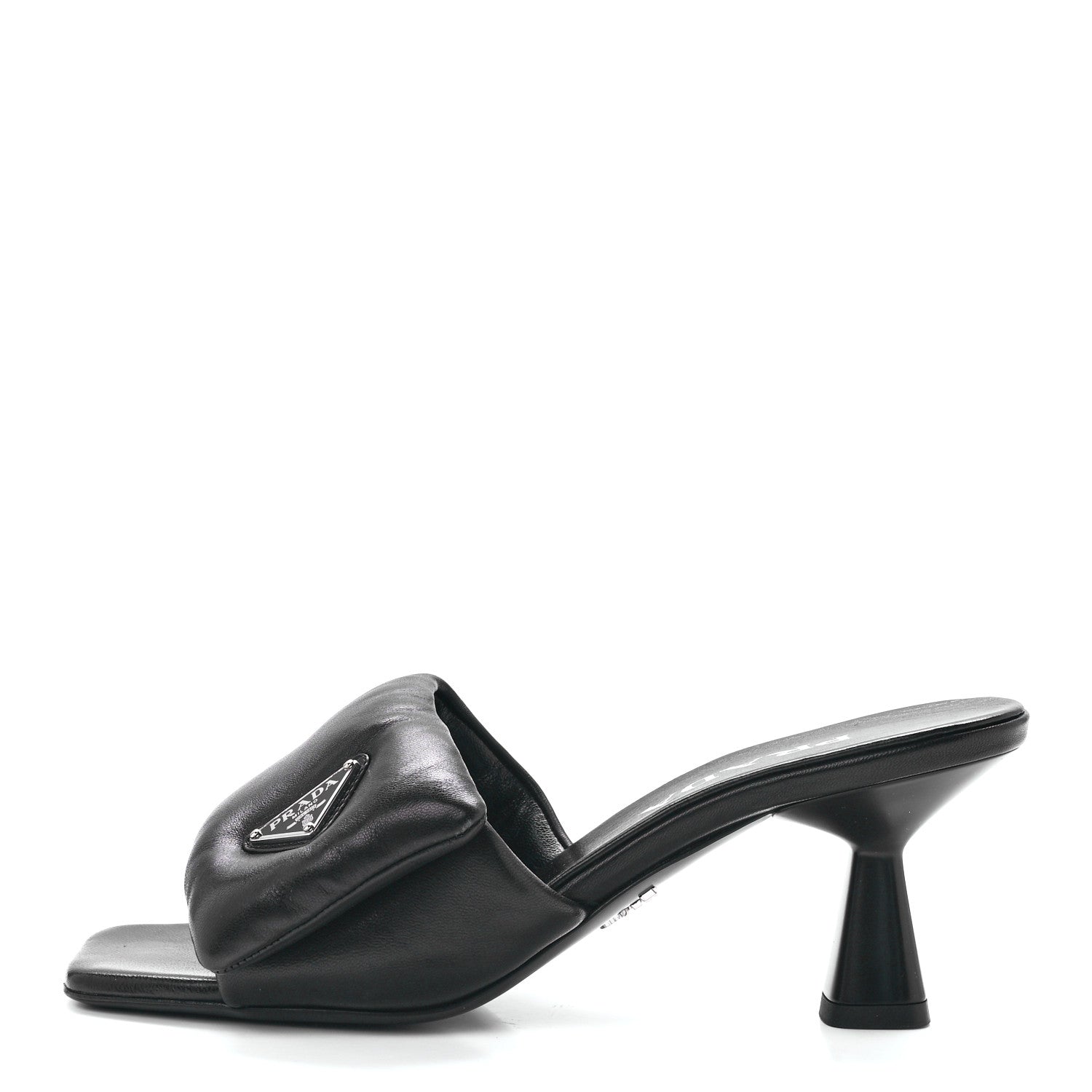 Prada Nappa Soft Padded Metal Triangle Logo 65mm Slide Sandals 37 Black 1 of 9