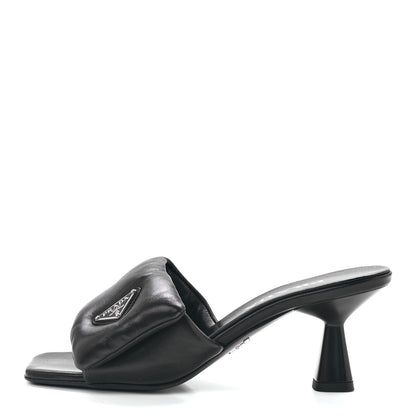 Prada Nappa Soft Padded Metal Triangle Logo 65mm Slide Sandals 37 Black 1 of 9