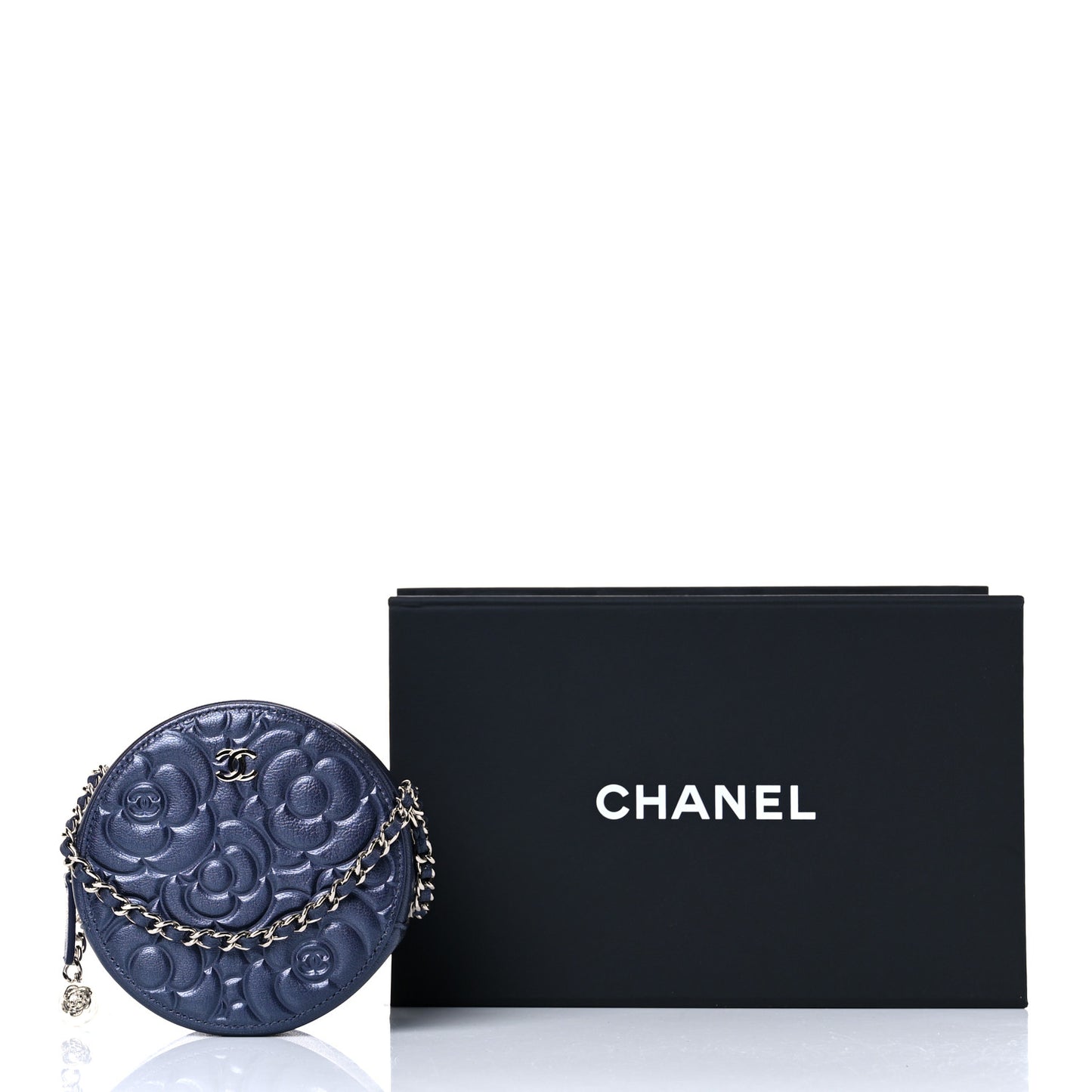 Goatskin Camellia Embossed Round Clutch With Chain Dark Blue