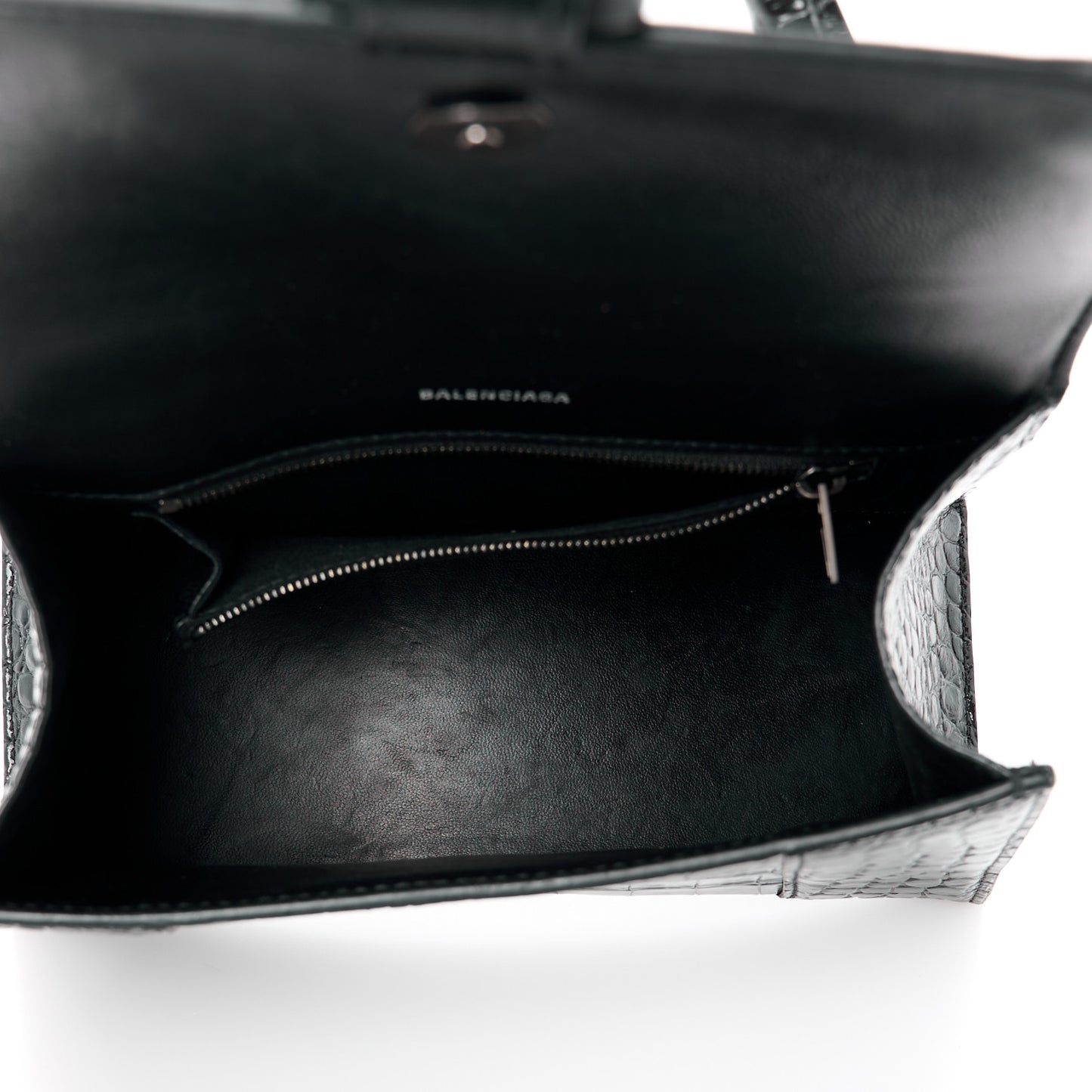 Shiny Calfskin Monochrome Crocodile Embossed Small Hourglass Top Handle Bag Black