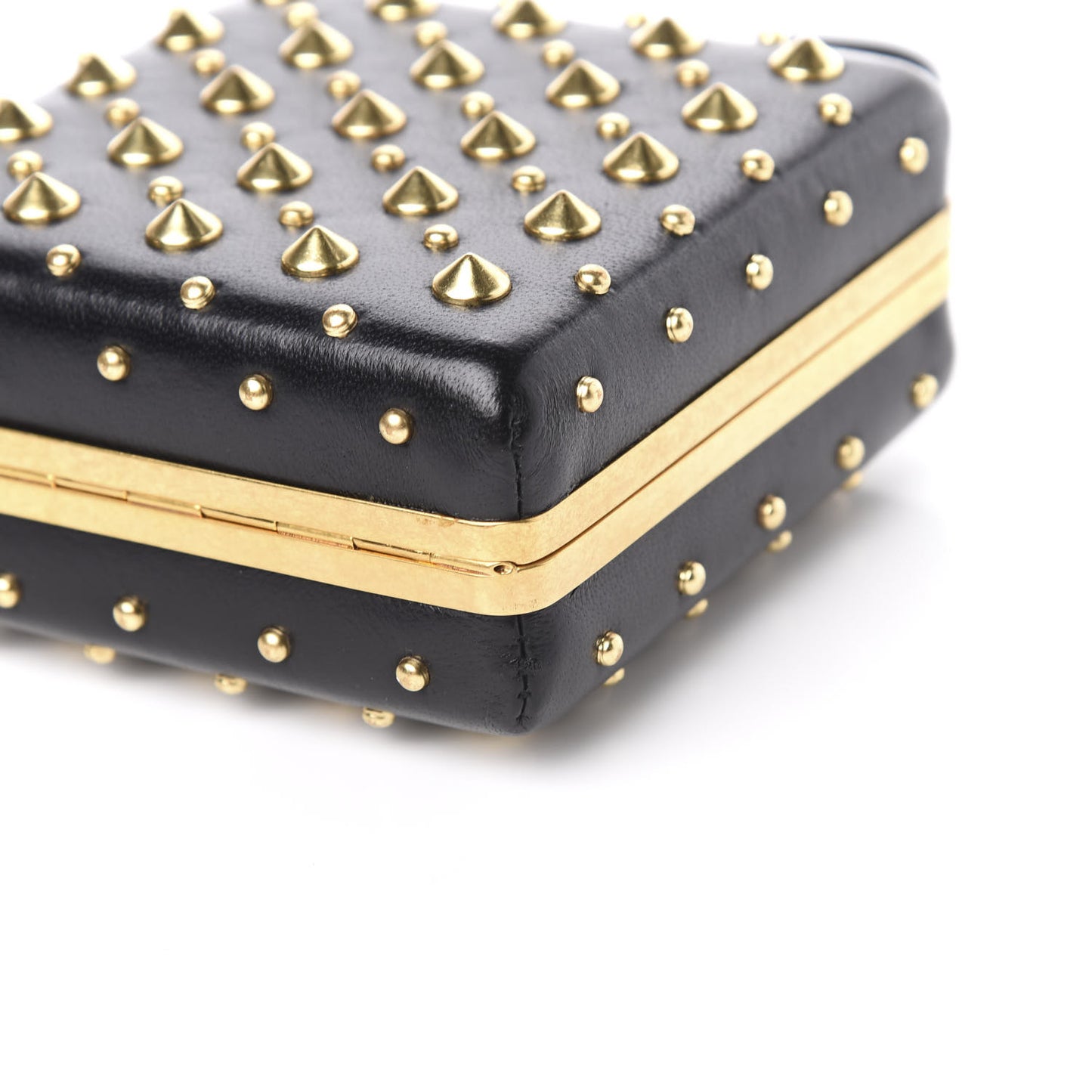 Nappa Studded Skull Box Chain Clutch Black Gold