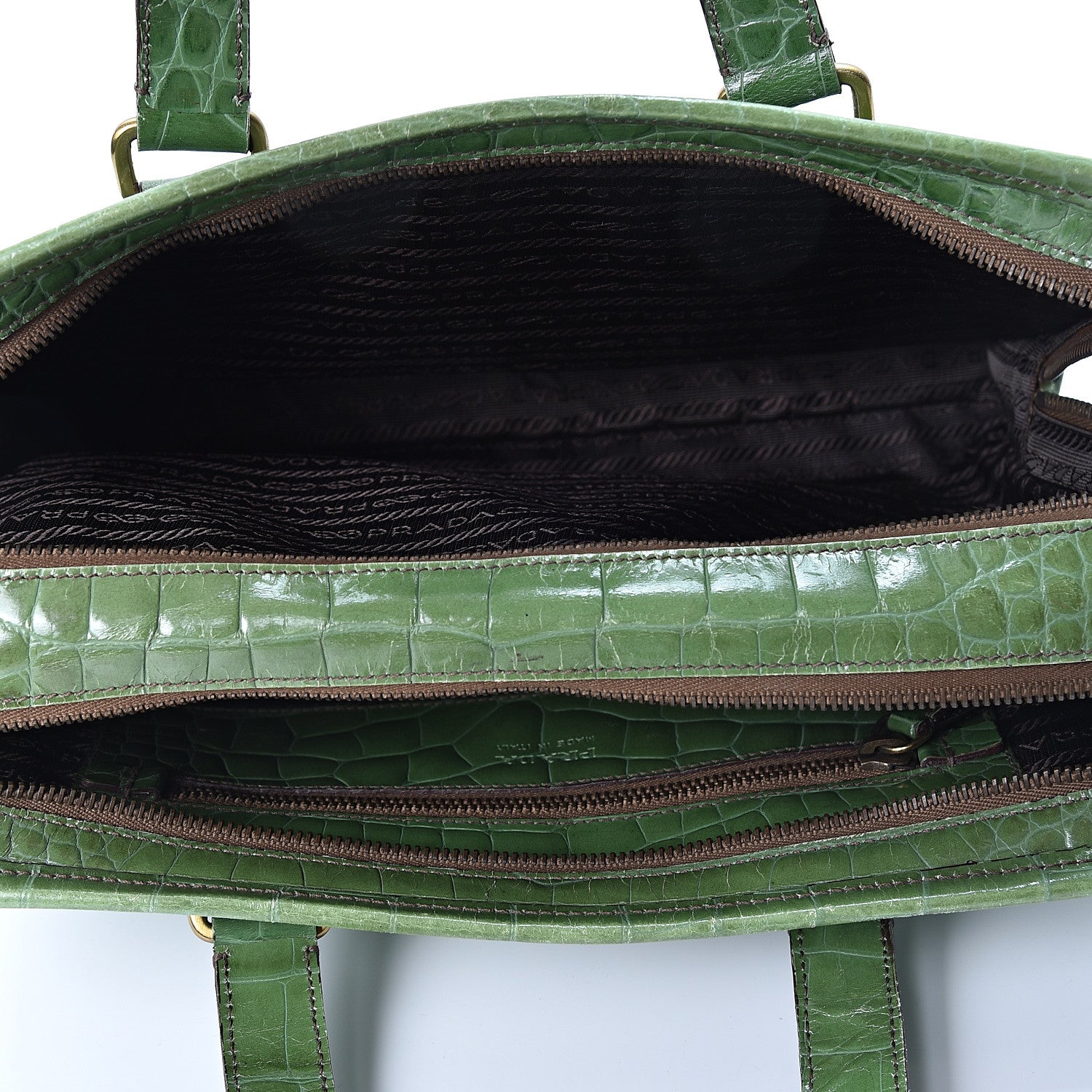 Prada Shiny Calfskin Crocodile Embossed Double Zip Bauletto Larice 4 of 11