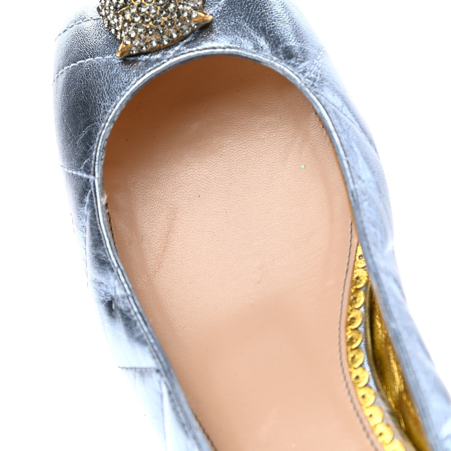 Gucci Metallic Nappa Trapuntata Tiger Head Ballerina Flats 37.5 Cielo 10 of 10