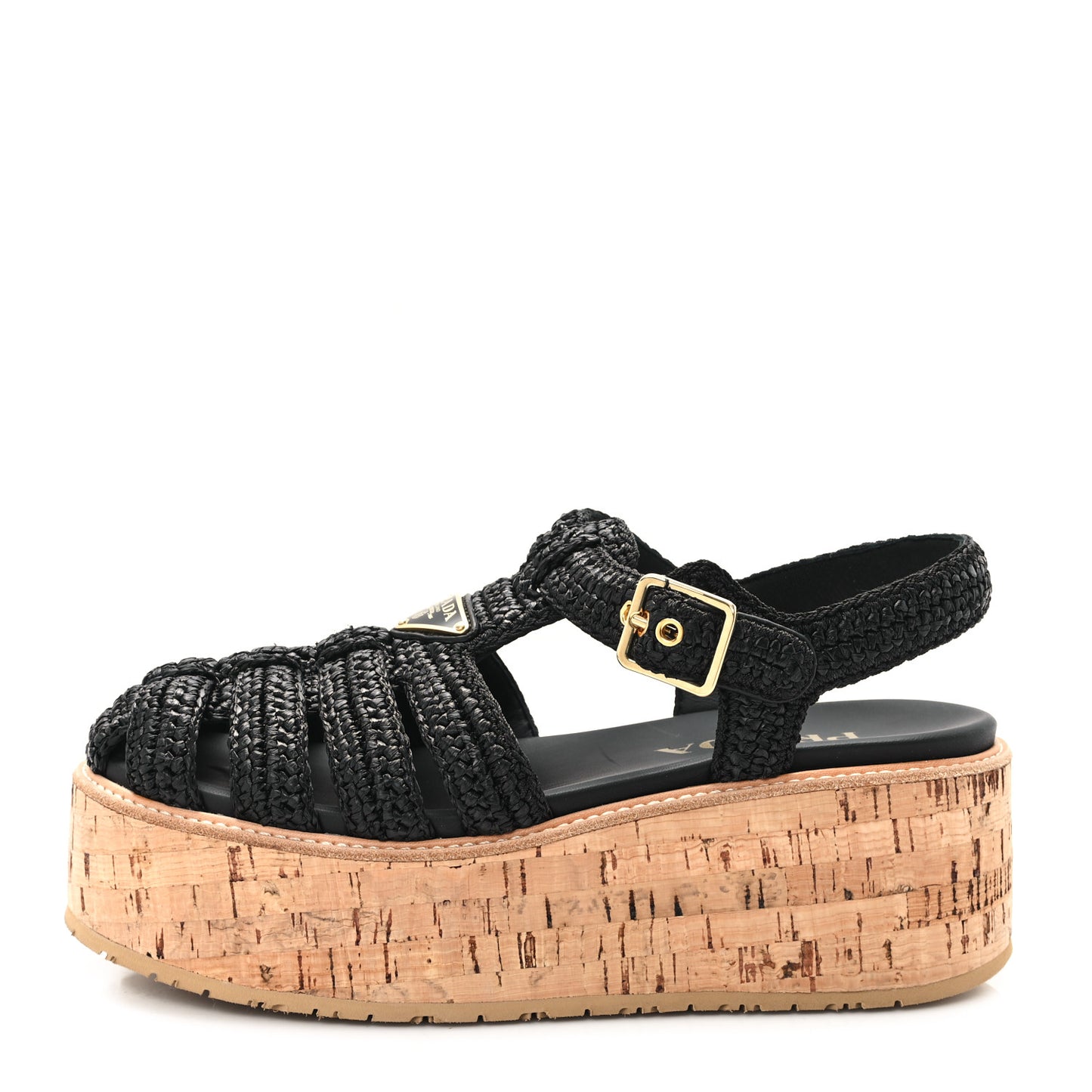 Raffia Cork Metal Triangle Logo Crochet Fisherman Platform 75mm Sandals 39 Black