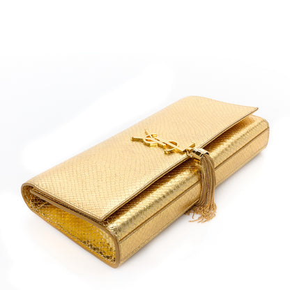 Saint Laurent Metallic Calfskin Snakeskin Embossed Classic Monogram Tassel Clutch Gold 4 of 8