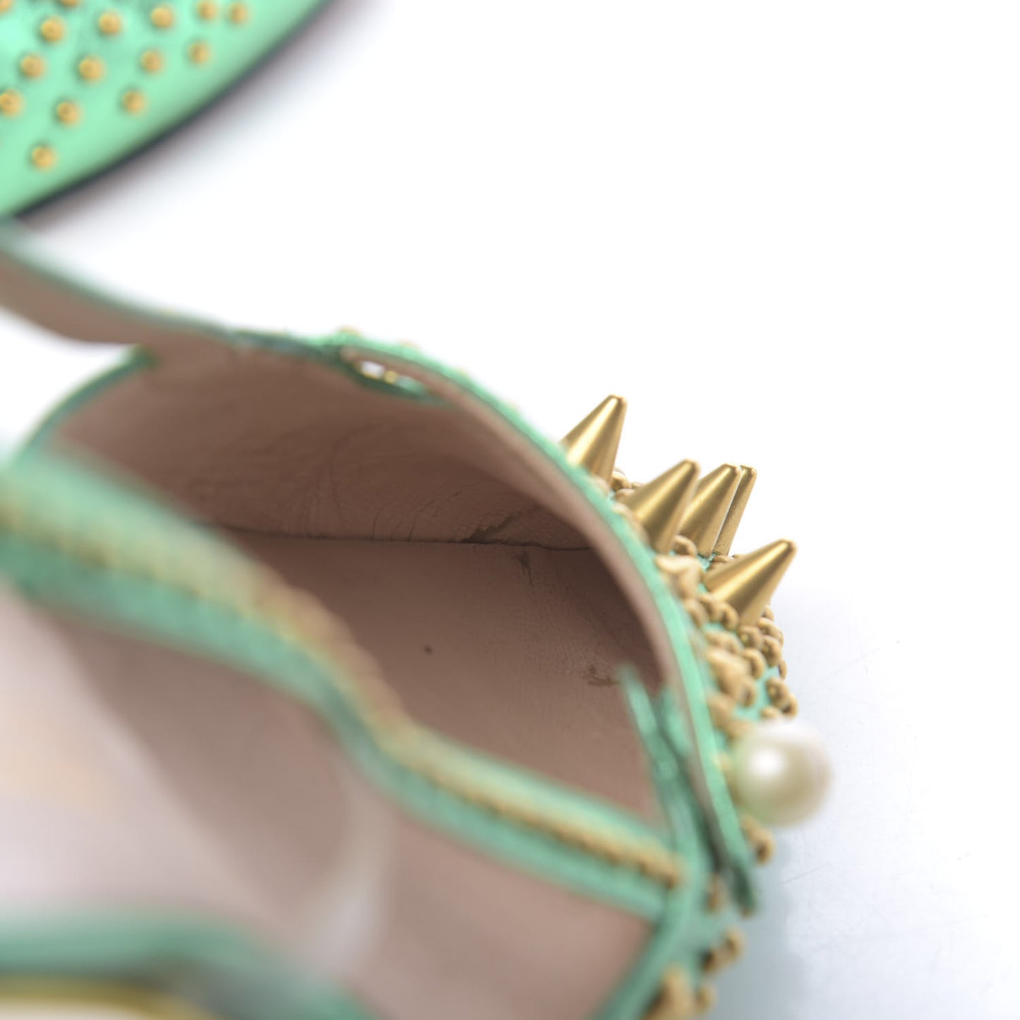 Metallic Calfskin Studded Unia Pointed Toe Low Heel Slingback Pumps 35.5 Green