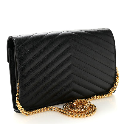 Saint Laurent Grain De Poudre Matelasse Chevron Monogram Chain Wallet Black 3 of 10