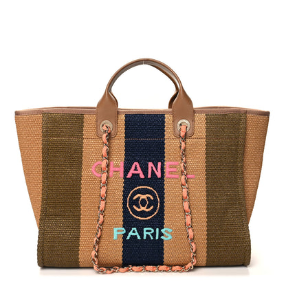 Chanel Straw Raffia Calfskin Striped Medium Deauville Tote Khaki Beige Navy Blue 1 of 10