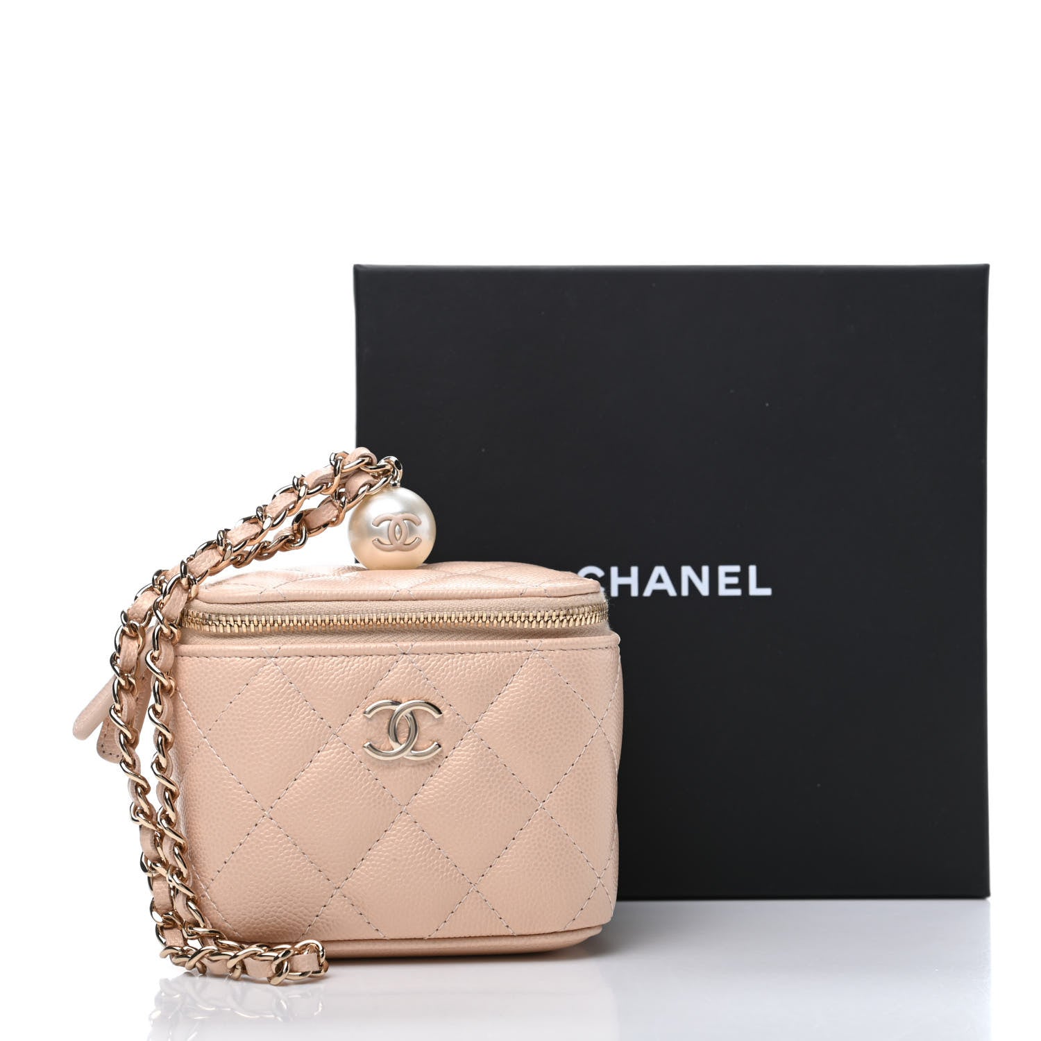 Chanel Iridescent Caviar Quilted Mini Pearl On Top Vanity Case With Chain Beige 10 of 10