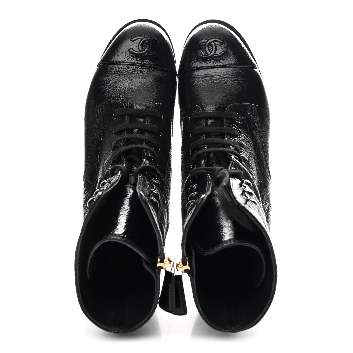Shiny Crumpled Lambskin Lace Up Combat Boots 39 Black