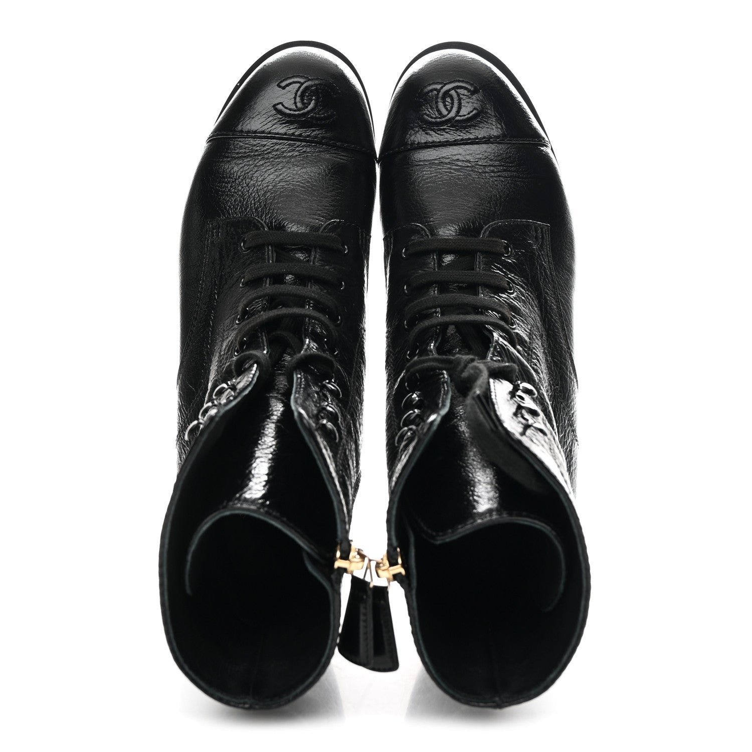 Chanel Shiny Crumpled Lambskin Lace Up Combat Boots 39 Black 2 of 9
