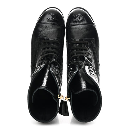 Chanel Shiny Crumpled Lambskin Lace Up Combat Boots 39 Black 2 of 9