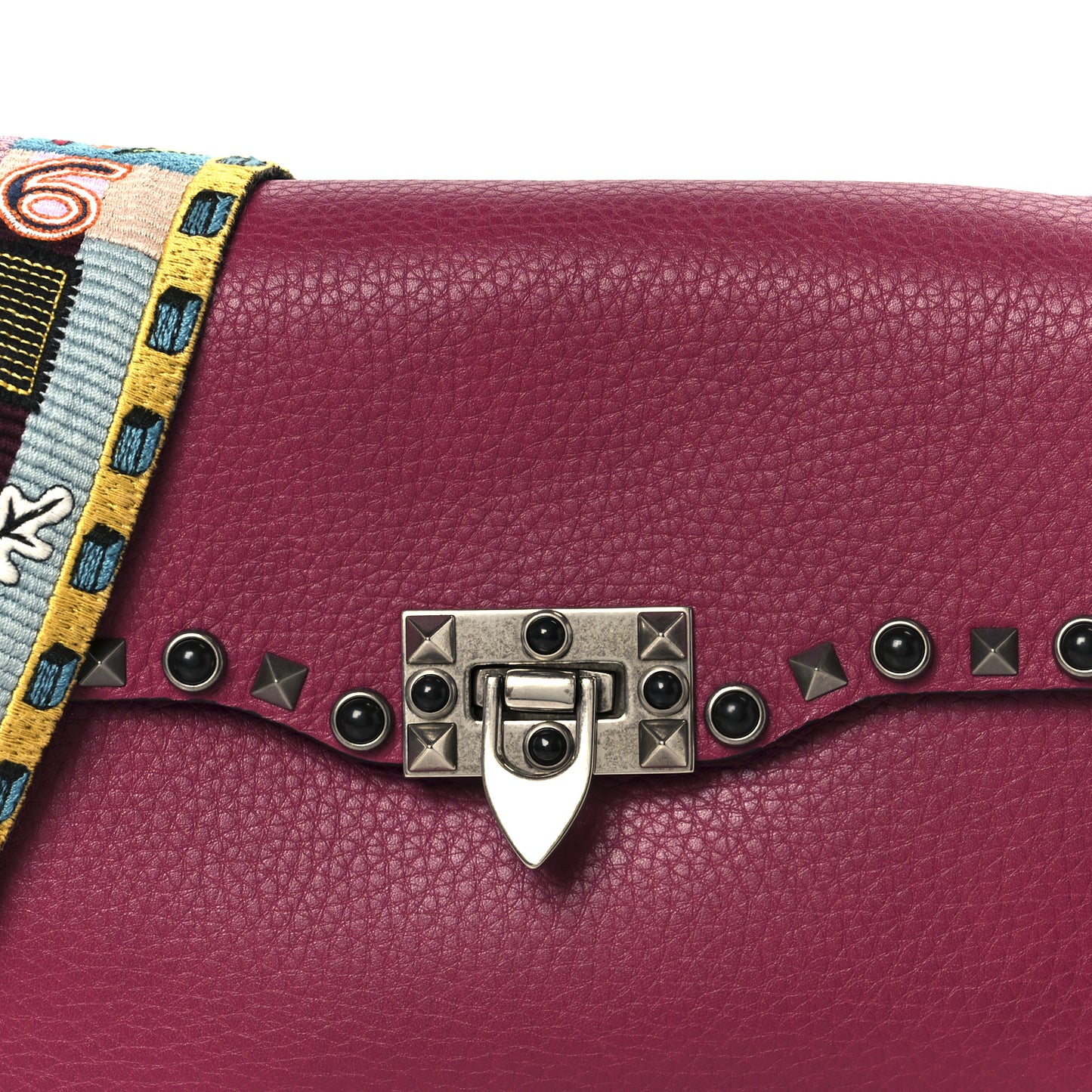 Grained Calfskin Onyx Medium Guitar Strap Rockstud Rolling Flap Saddle Bag Disco Pink