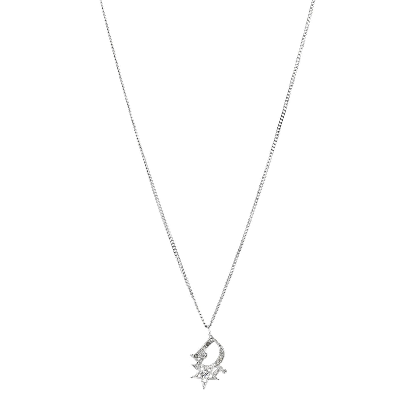CHRISTIAN DIOR Crystal Logo Star Necklace Silver