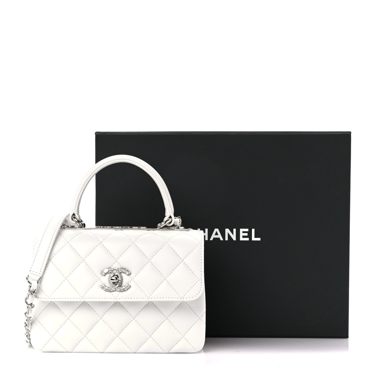 Lambskin Crystal Quilted Mini Trendy CC Dual Handle Flap Bag White
