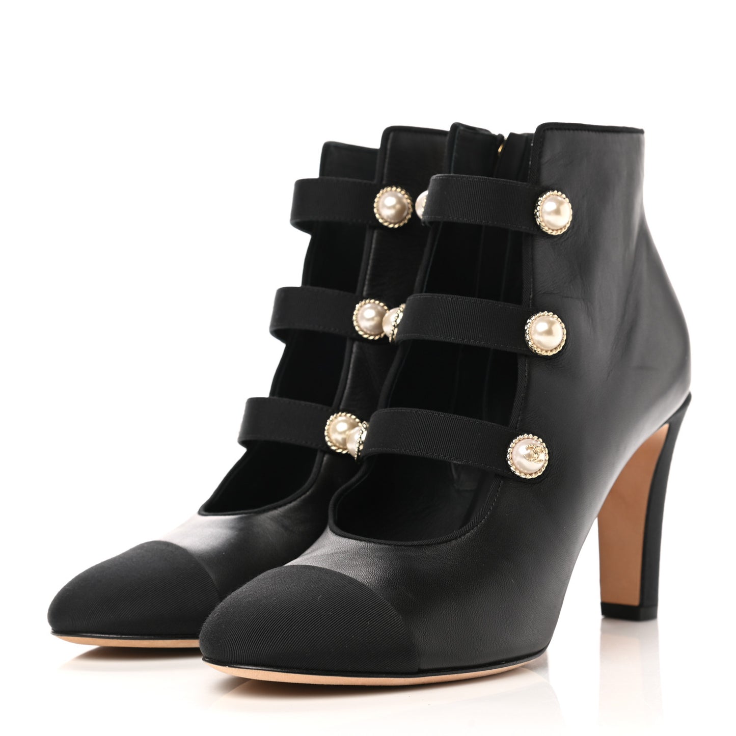 Lambskin Grosgrain Cap Toe Pearl Ankle Boots 39.5 Black