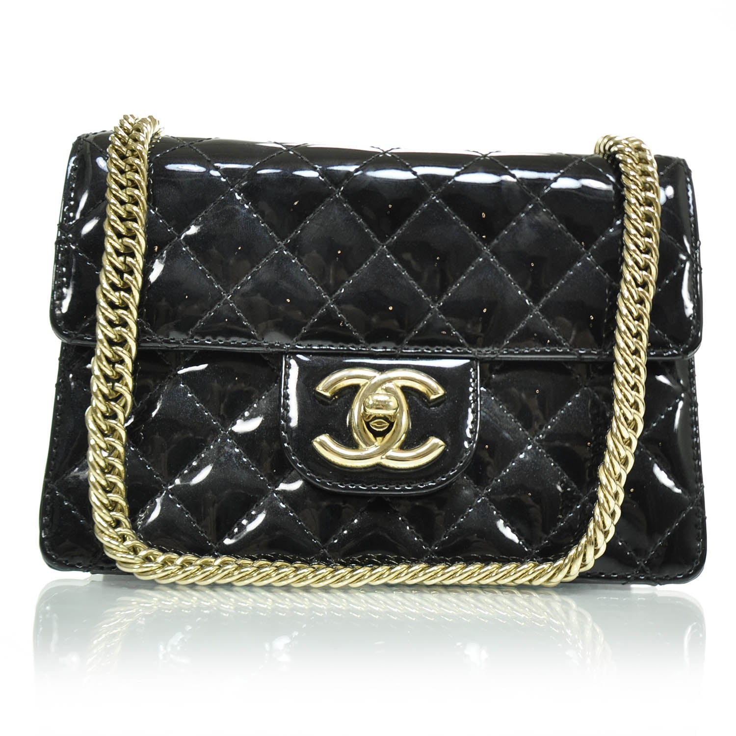 Chanel Patent Quilted Sparkle Glitter Evening Flap Black 1 of 9